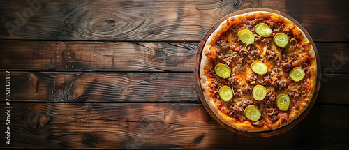 Delicious pizza with beef cheese and pickles on a wooden table