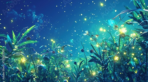 abstract illustration of Luminous fireflies illuminating a moonlit meadow