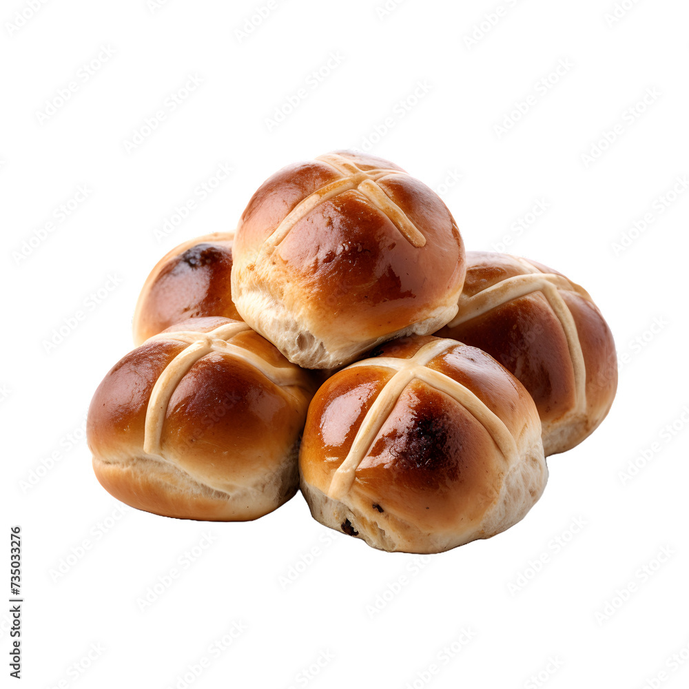 Freshly baked hot cross buns with a white icing cross and raisins isolated on a transparent background Freshly baked hot cross buns with a white icing cross and raisins isolated on a transparent background