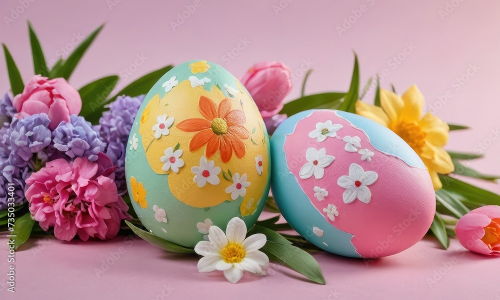 Springtime Spectacle: Vibrant Eggs Amid Pastel Blooms