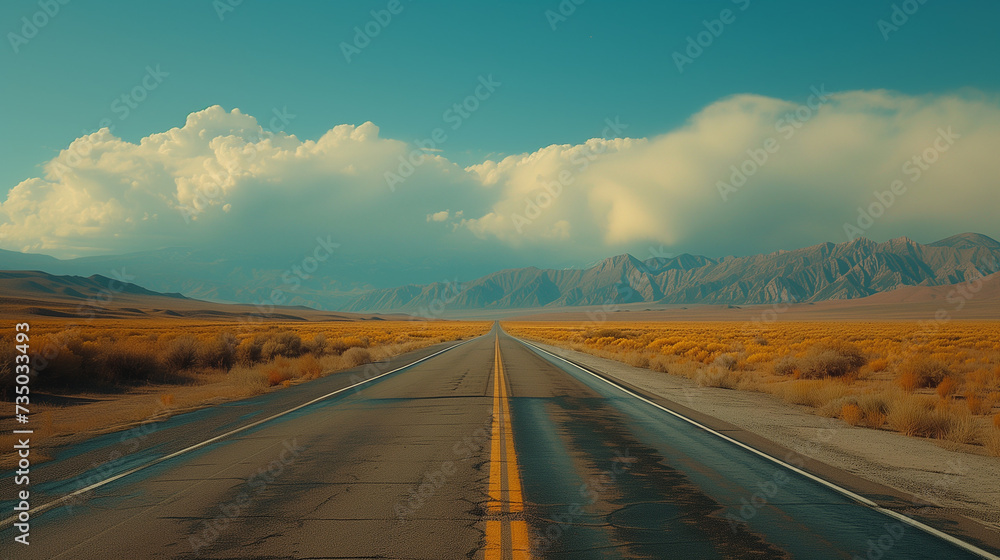 Endless Road Stretching to the Mountains Through a Desert Landscape