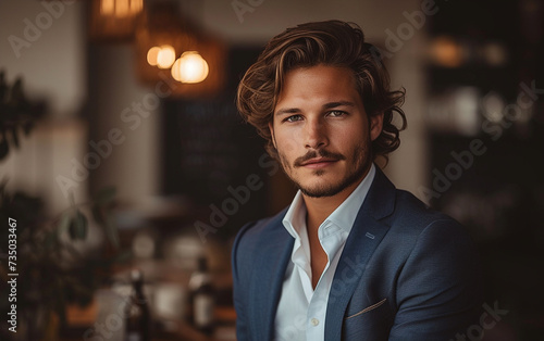 A portrait of a multiracial man with long hair and a beard wearing a suit.