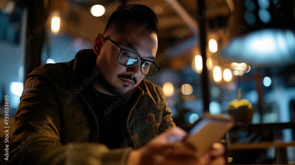 An urban man in a fashionable jacket and glasses focused on his smartphone, with city lights softly blurred in the background.
An urban man in a fashionable jacket and glasses focused on his smartphone, with city lights softly blurred in the background.