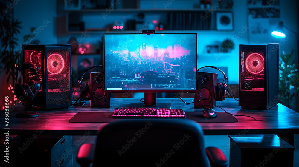 Modern gaming setup with vibrant LED lighting, dual monitors, and high-end audio equipment. Modern gaming setup with vibrant LED lighting, dual monitors, and high-end audio equipment.