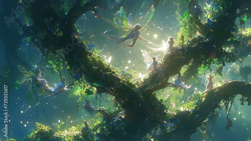 abstract illustration of Spirited fairies swinging from sparkling vines in a enchanted forest
