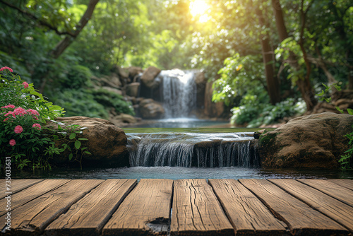 Empty wood table top with water fall background