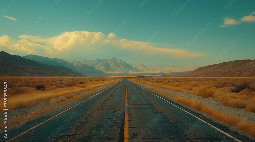 Endless Desert Highway Leading to Distant Mountains Under a Clear Blue Sky
