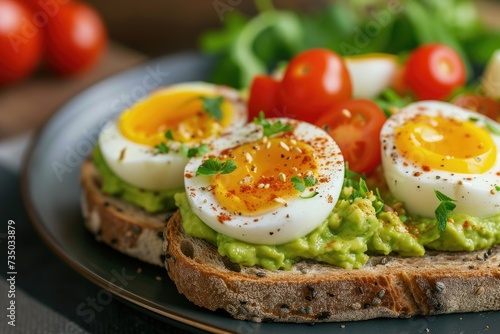 Elevate Your Breakfast: Toast with Creamy Avocado, Eggs, and Cherry Tomatoes
