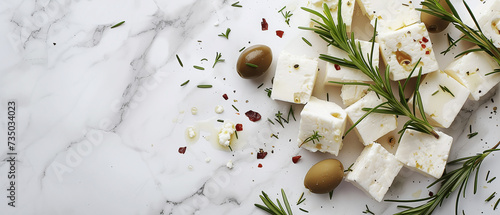 Sliced ​​goat feta cheese with rosemary and olives
