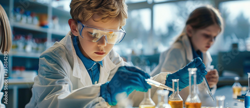 children studying science in school laboratory and conducting experiments photo