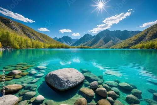 a serene lake  where smooth stones gleam beneath the clear turquoise waters by ai generated