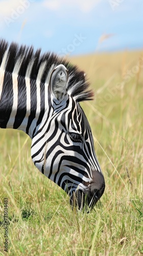 Striking Monochrome Zebra Feeding in Lush Grasslands AI Generated