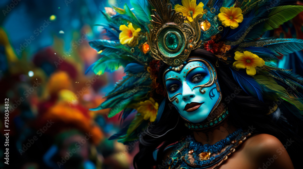 Elegant mask in azure hues with lavish feathers, epitomizing Rio Carnival's dynamic spirit, blending artistry with the pulsating joy of Brazil's famed festivity.