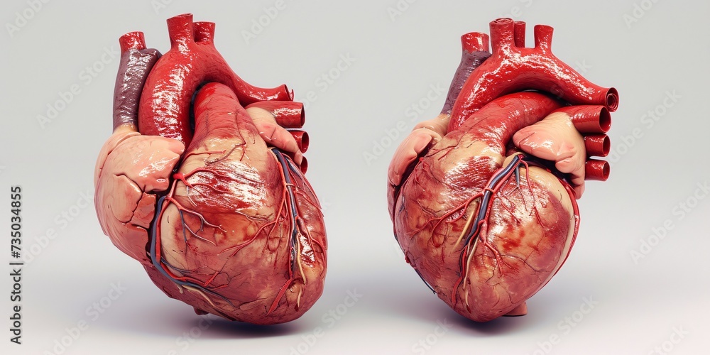 3D illustration depicting the front and lateral view of a human heart's ...