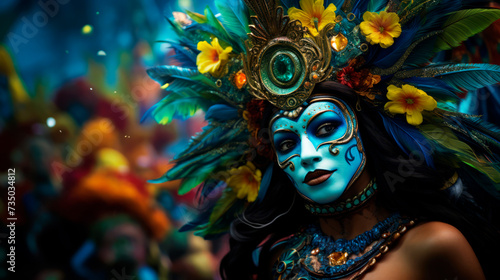 Elegant mask in azure hues with lavish feathers, epitomizing Rio Carnival's dynamic spirit, blending artistry with the pulsating joy of Brazil's famed festivity. © stateronz