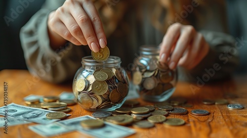Female hand inserting coins into piggy bank to save money