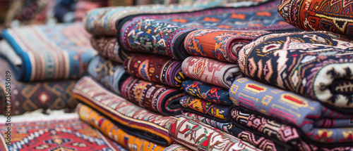 An assortment of stunning oriental rugs in a traditional Middle Eastern store.