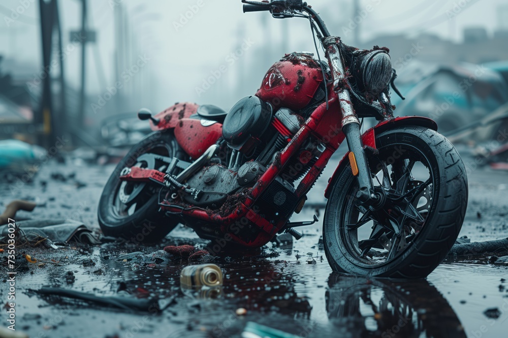 A red motorcycle with a visible wheel is parked in a water puddle