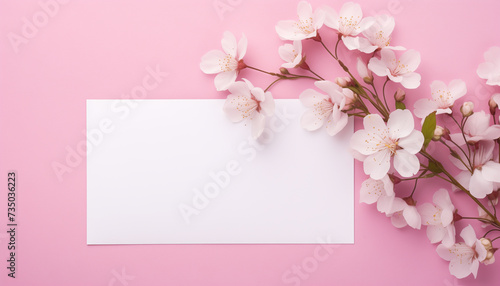 Blank white greeting card on pink background with spring flowers, top view, flat lay, mock up