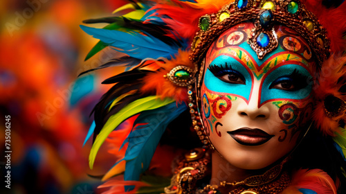 Vivid carnival mask adorned with colorful feathers and detailed artistry, capturing the exuberance of cultural festivities and global traditions of masquerade.