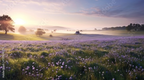 landscape sunrise view on the meadow in spring
