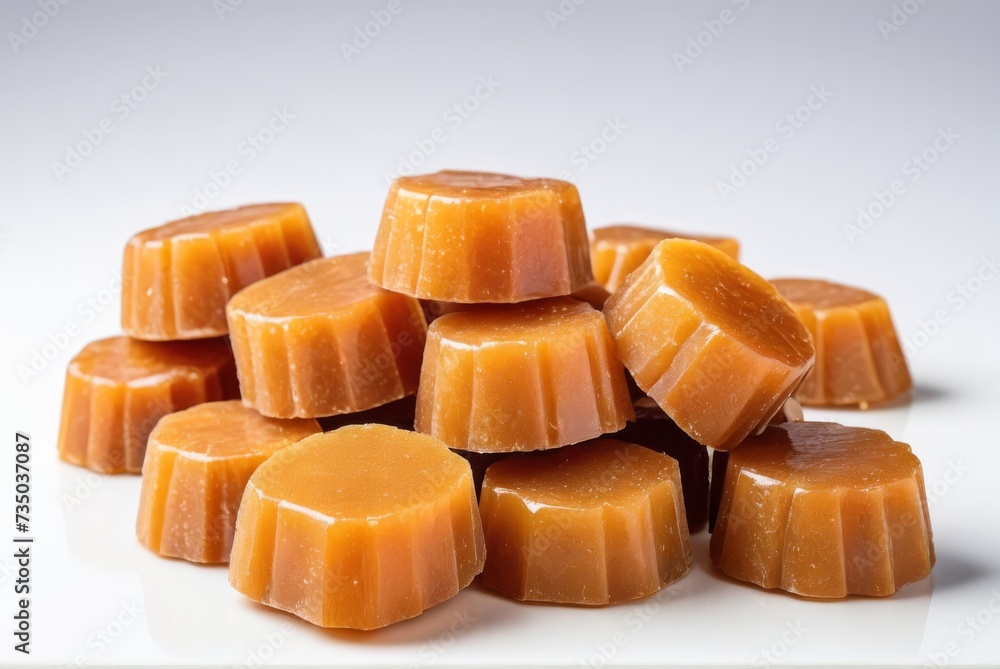 Palm sugar or jaggery arranged neatly on a white background by ai generated Palm sugar or jaggery arranged neatly on a white background by ai generated