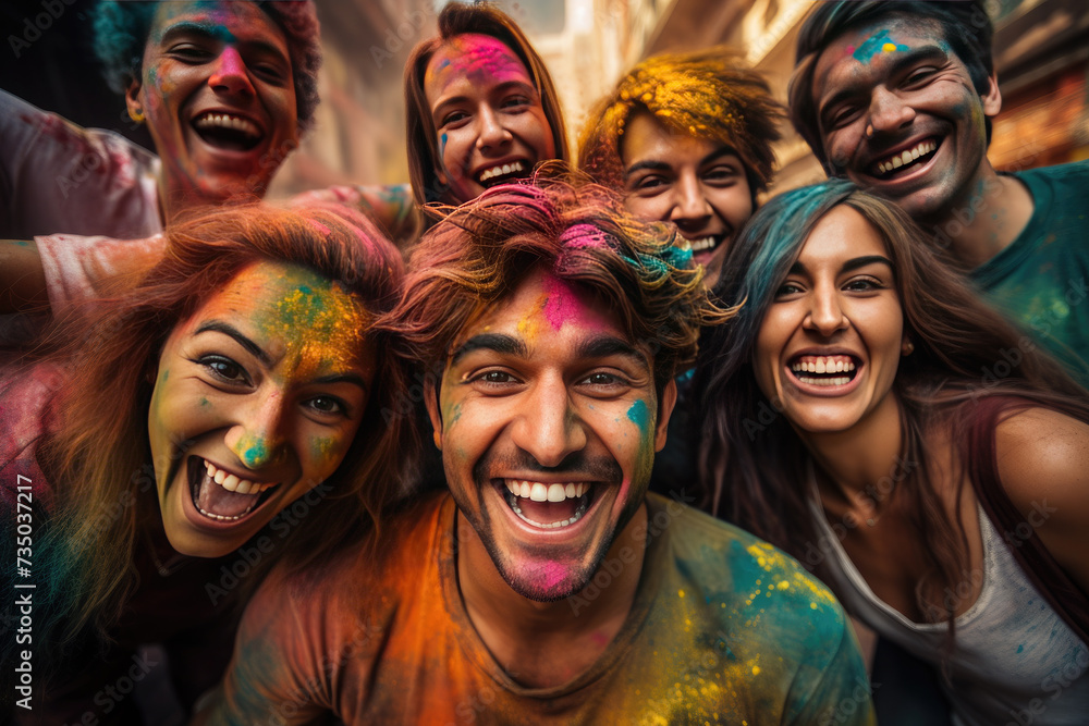 Happy group of people celebrating Holi the Festival of Colours Happy group of people celebrating Holi the Festival of Colours
