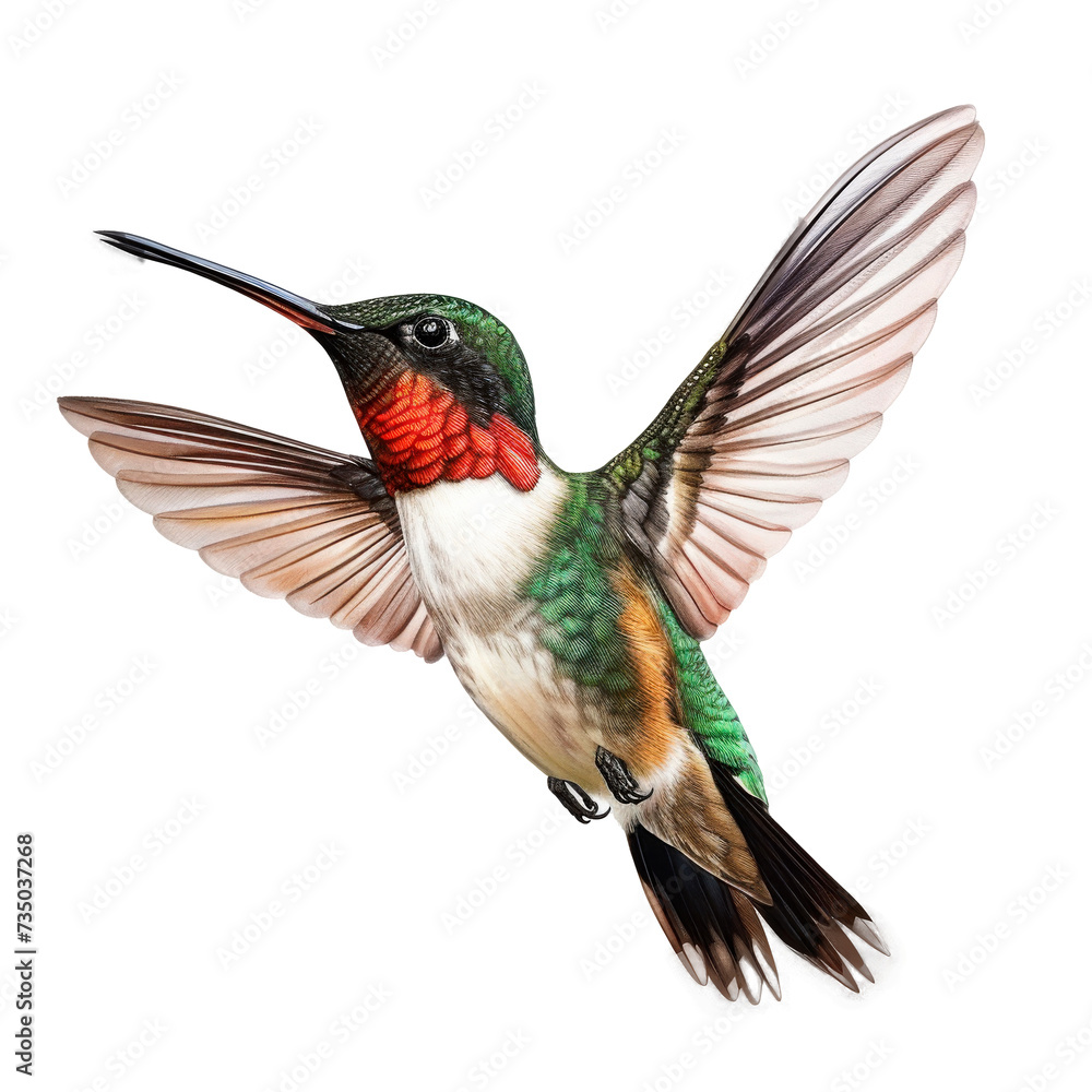 Fototapeta premium Hummingbird Flying Through the Air With Spread Wings, Isolated on a Transparent Background
