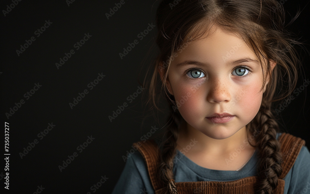 A portrait of a multiracial little girl with a neat braid in her hair. A portrait of a multiracial little girl with a neat braid in her hair.