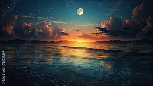 The magic of a romantic night by the sea with the full moon s glow  blending seamlessly into a surreal transition from day to night background Ai Generative