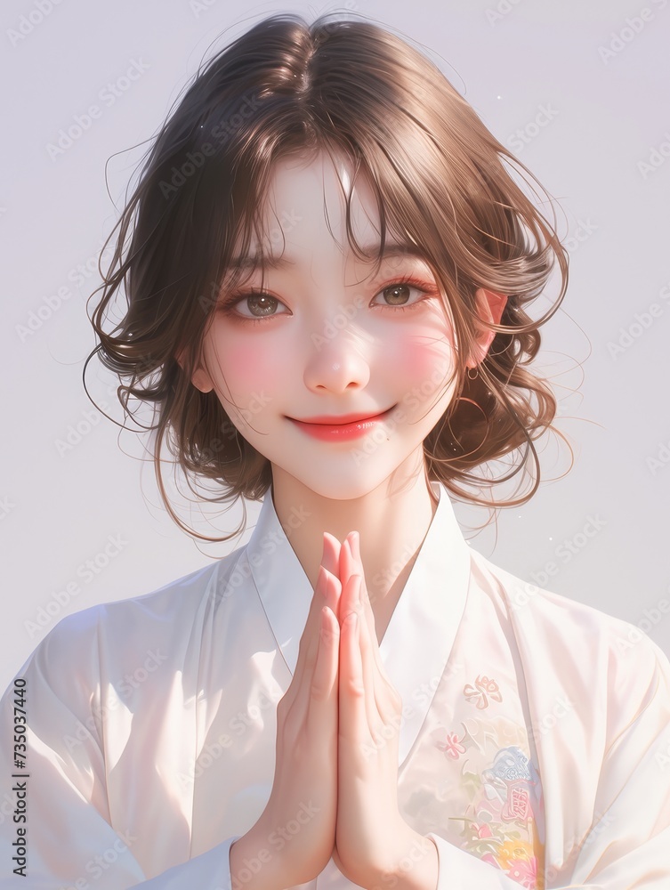 A beautiful Korean woman performing a New Year's greeting gesture during the Lunar New Year, radiating joy and festivity, on white background, illustration style. A beautiful Korean woman performing a New Year's greeting gesture during the Lunar New Year, radiating joy and festivity, on white background, illustration style.