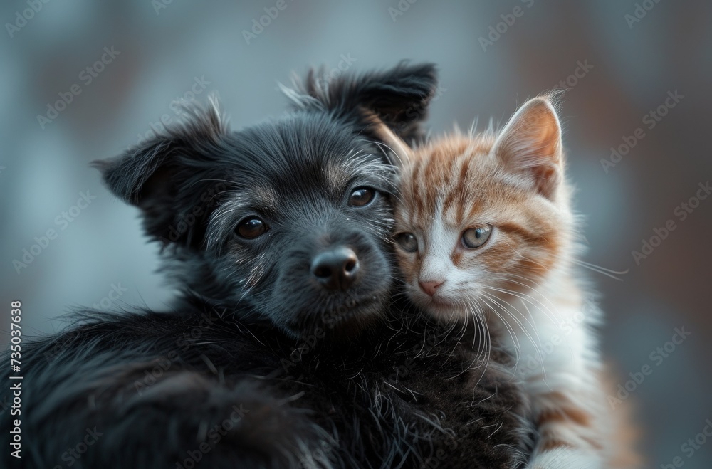 Naklejka premium black dog and orange kitten cuddle