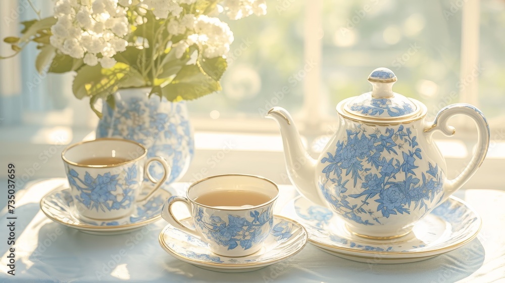 Set of porcelain tea sets on the kitchen near windows at morning, teapots, tea cups, blue ceramic, afternoon tea traditional. Set of porcelain tea sets on the kitchen near windows at morning, teapots, tea cups, blue ceramic, afternoon tea traditional.