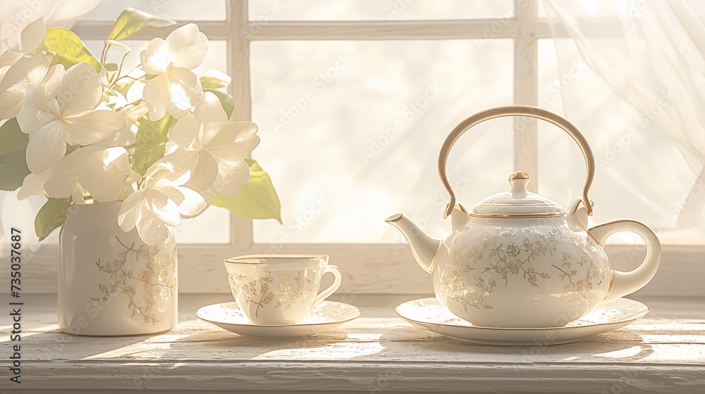 Set of porcelain tea sets on the kitchen near windows at afternoon, teapots, tea cups