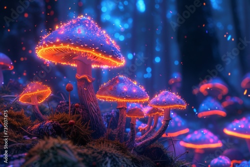 Enchanted Forest Glowing Mushrooms in a Mystical Night Setting