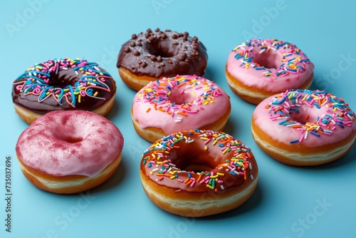 Colorful Donuts with Chocolate Glaze and Rainbow Sprinkles on Blue Background