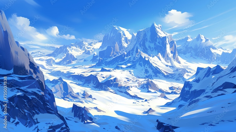 Fototapeta premium Illustration of a View from the top of the snowy mountain.