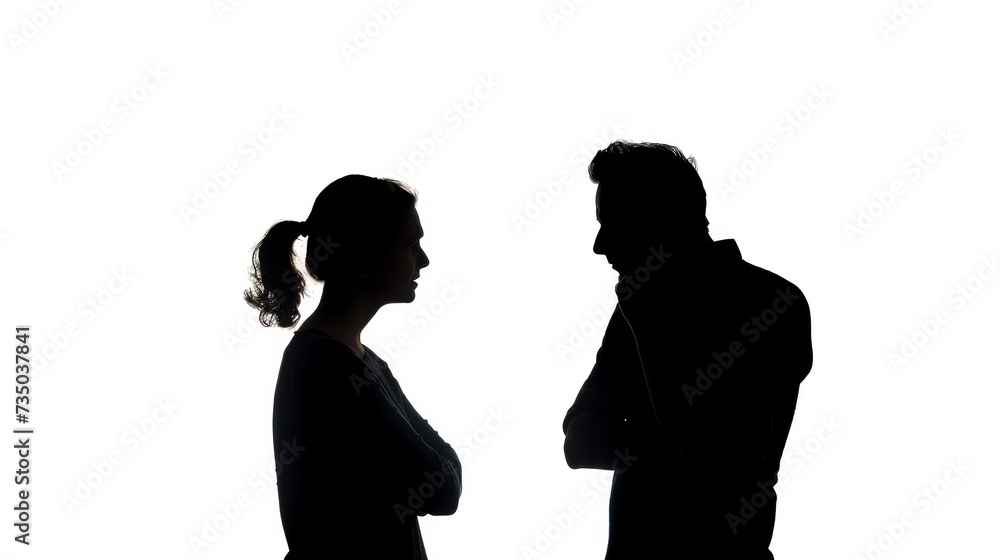Silhouette of worried couple on white background