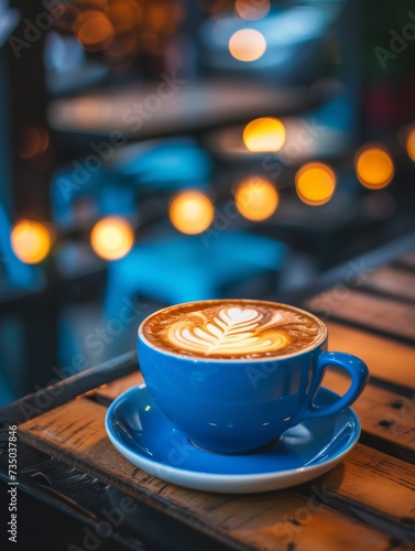 Cup of coffee in a blue cup with latte art in a beautiful aesthetic cafe on a black wooden table, morning lighting and cozy vibes.
