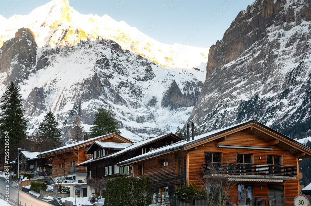 Switzerland- Canton of Bern- Grindelwald- winter landscape with ski hut and Mittelhorn
