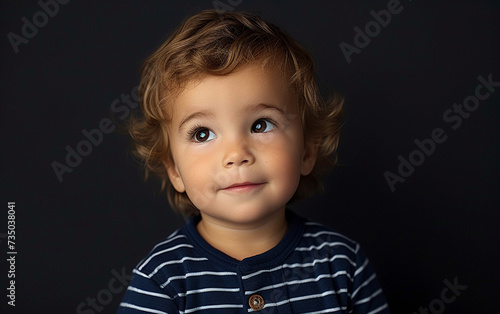 A photography portrait of a multiracial little boy wearing a striped shirt.