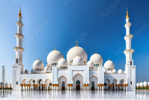 Showcase Sheikh Zayed Grand Mosque's splendor under clear blue sky by ai generated