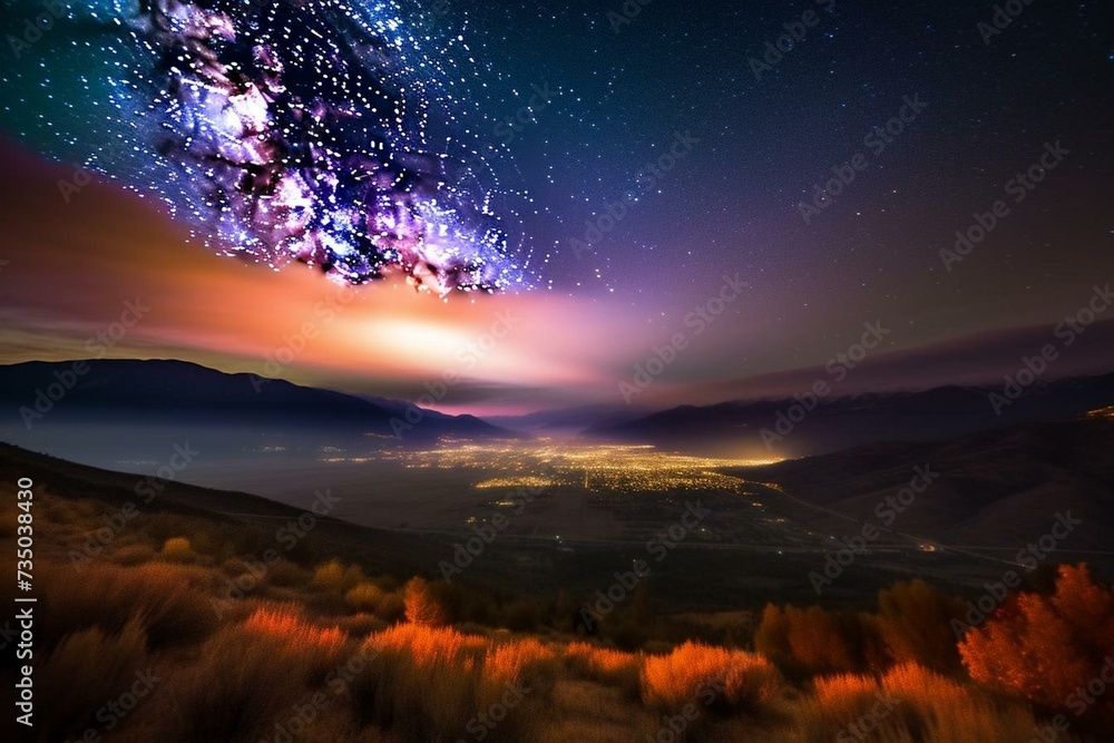 Vibrant celestial phenomenon illuminates valley. Generative AI