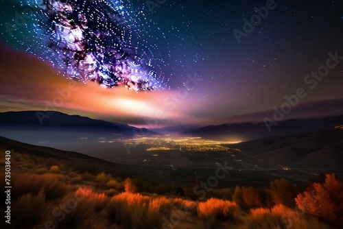 Vibrant celestial phenomenon illuminates valley. Generative AI