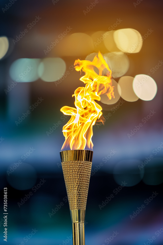 Luminous Olympic torch with dynamic flame against a bokeh light ...