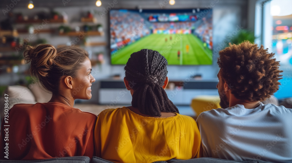 Rear view of a diverse trio watching a soccer match on TV, conveying emotions of leisure and excitement, with a cozy home setting in the background