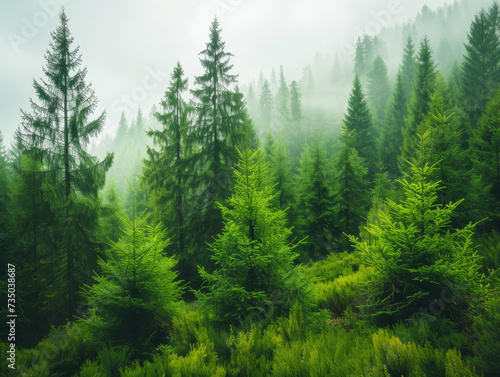 Misty forest with lush green pine trees. 
