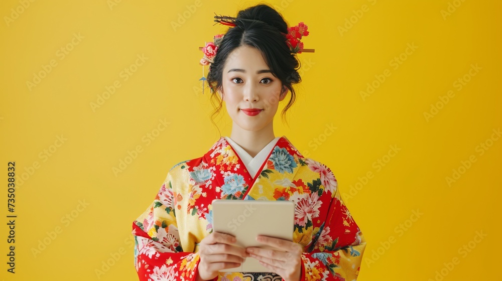 Asian female with tablet on solid colored backdrop. Asian female with tablet on solid colored backdrop.