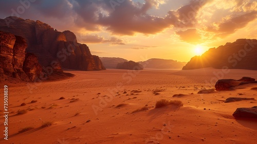 Scenic view of the arid Wadi Rum desert in southern Jordan, known as the Valley of the Moon.