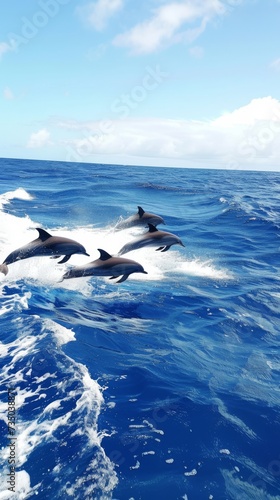 Vibrant Dolphins Leaping and Jumping in Azure Blue Ocean Waves AI Generated. © AnimalAI